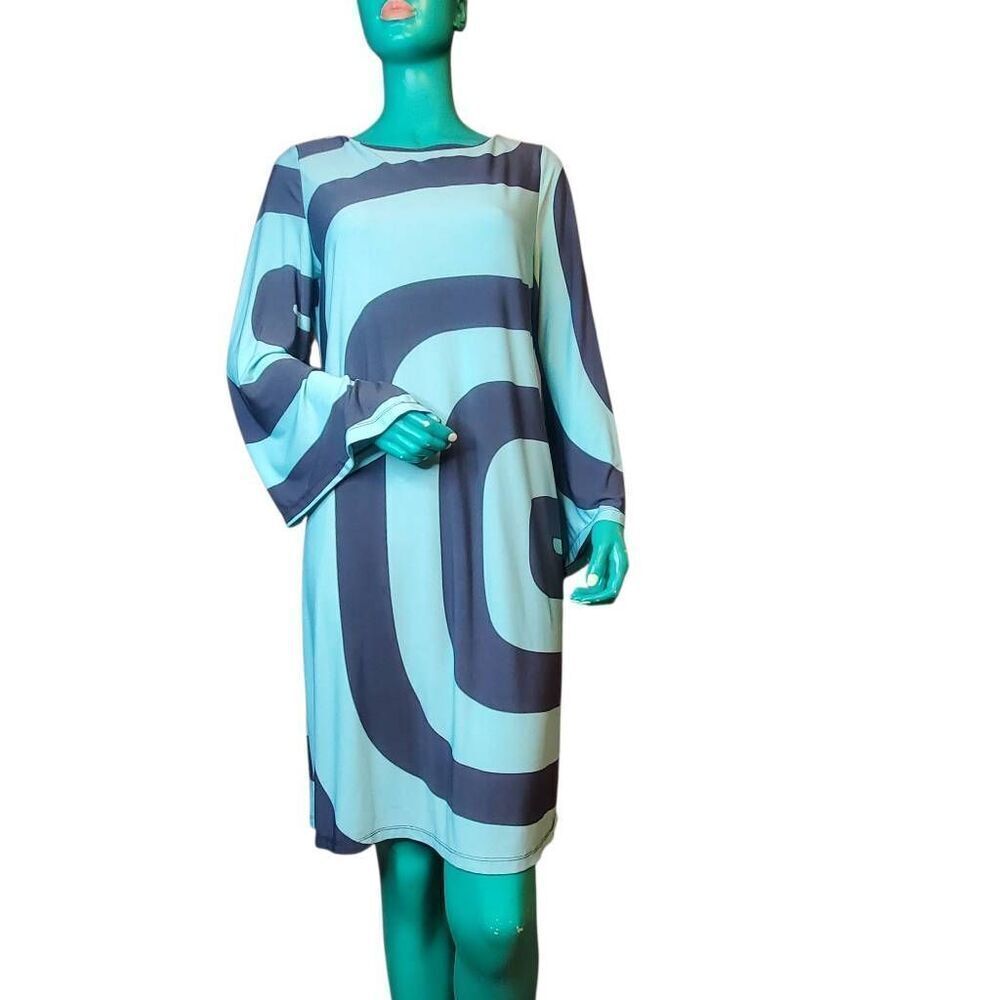 SOHO Apparel Women’s Retro Swirl Print A-Line Dress – Size L – Long Sleeve, Aqua